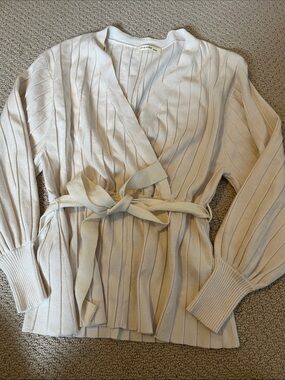 Zapelle Rib Wrap Sweater Belted Top V neck cream shirt medium